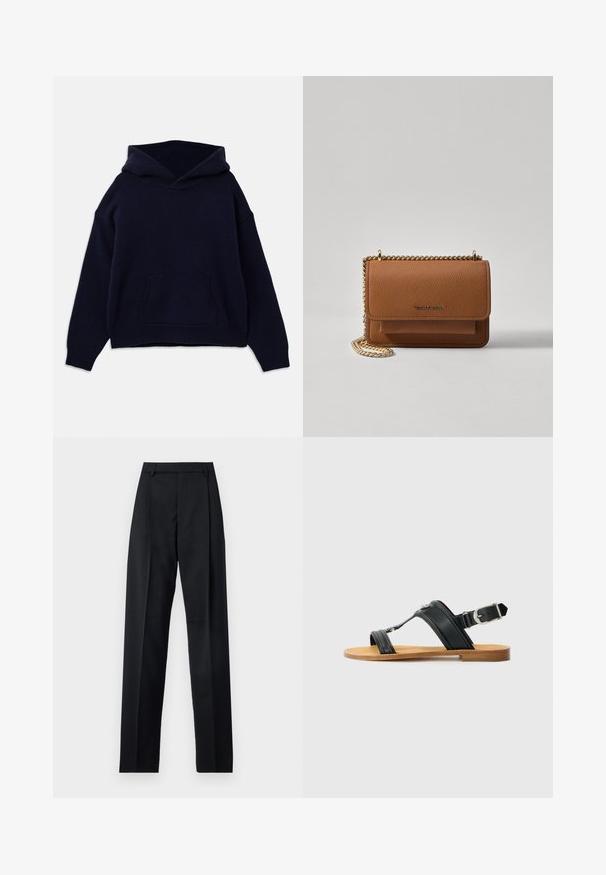 Sötétkék kapucnis felső puha anyagból. Elöl zsebes és bordázott mandzsettával és aljjal rendelkezik. Bő szabású, ejtett vállú.; Fekete nadrág sima anyagból, magas derékkal, széles lábakkal, elülső redőkkel és klasszikus övhurkokkal. Oldalzsebek nem láthatók.; Fekete bőr szandál állítható csattal, lapos barna talppal és két széles pánttal, amelyek átkereszteződnek a lábon, minimalista dizájnnal.; Barna textúrájú bőr keresztbody táska arany lánc pánttal és fedélzárral. Az elején logó részlet és egy zseb található a fedél alatt.