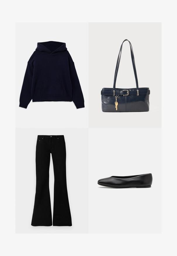 Sweat à capuche bleu marine en tissu doux. Dispose d'une poche frontale et de poignets et d'un ourlet côtelés. Coupe ample avec épaules basses.; Jean évasés noirs en denim, avec un design classique à cinq poches, fermeture à bouton et détails de couture subtils le long des coutures.; Paul Smith TOPANGA - Ballerines - black; Sac à main en cuir bleu marine avec deux longues poignées, un détail de boucle et un porte-clés accroché. Il présente une texture lisse et une forme rectangulaire.