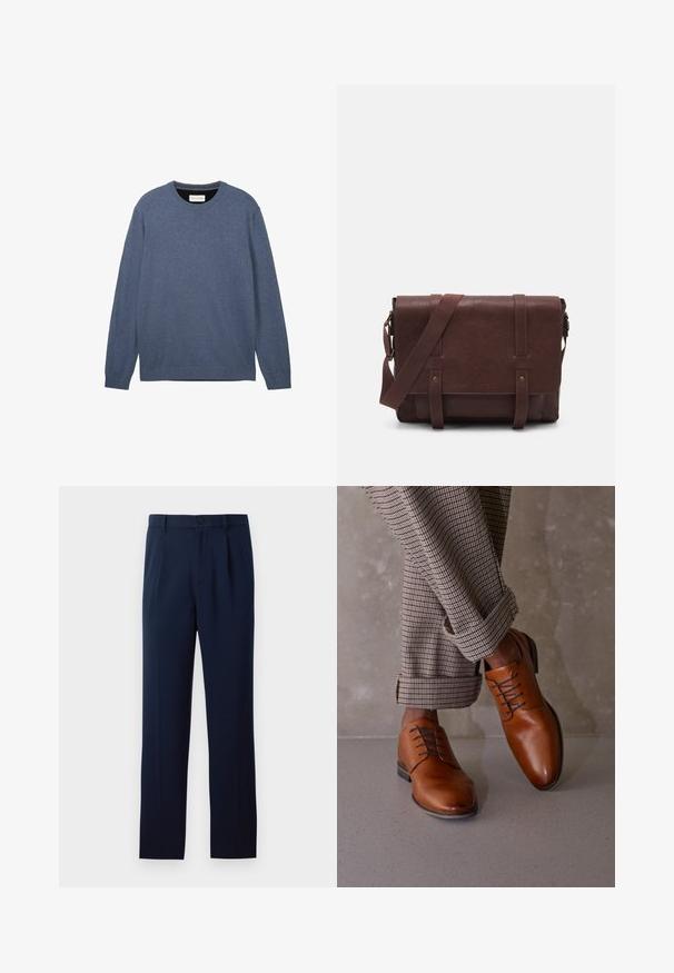 Donkerblauwe crewneck trui, vervaardigd uit zachte stof met een gladde textuur, met lange mouwen en ribbelboorden en -zoom.; Drie overhemden met lange mouwen: lichtblauw, wit en marineblauw. Allemaal hebben ze een klassieke kraag en een knoopsluiting aan de voorkant, gemaakt van een gladde stof.; Marineblauwe broek van gladde stof, met een enkele knoopsluiting, plooien en rechte pijpen. Minimalistisch ontwerp zonder merkbare patronen.; Bruine leren schoenen hebben een ronde neus, een vetersluiting met vijf gaten en contrasterende donkere veters. De broek is geruit en opgerold bij de mouwen.; Bruine lederen schoudertas met een platte voorflap, twee banden, gouden hardware-accenten en een verstelbare schouderband.