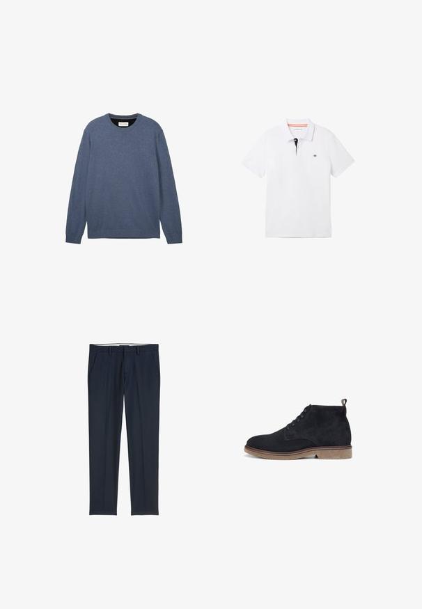 Dunkelblaues Rundhals-Sweatshirt, hergestellt aus weichem Stoff mit glatter Textur, mit langen Ärmeln und gerippten Bündchen und Saum.; Weißes Polohemd mit einem schwarzen Kragen und orangefarbener Einfassung, kurzen Ärmeln und einem kleinen Logo auf der Brust. Hergestellt aus atmungsaktivem Baumwollgemisch.; Marineblaue Hosen aus weichem Stoff, mit geradem Bein, Vordertaschen und einem glatten Bund mit Gürtelschlaufen.; Schwarze Wildleder-Ankle-Boots mit runder Zehenform, schnürbarem Vorderteil und hellbrauner Gummisohle; verfügen über einen kleinen Absatz und eine Schlaufe an der Rückseite.