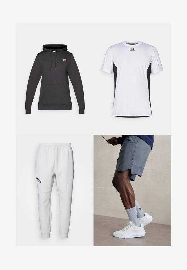 Czarna bluza z kapturem wykonana z mieszanki bawełny, z kieszenią z przodu, regulowanym kapturem na sznurki oraz małym logo Reebok na piersi.; Under Armour - Koszulka sportowa; Białe dresy z miękkiej, gładkiej tkaniny. Posiadają zaokrąglone boczne panele oraz czarny akcent wzdłuż boku. Elastyczny pas zapewniający regulowane dopasowanie.; Białe buty sportowe z teksturowaną siateczkową cholewką, zestawione z jasnoniebieskimi skarpetkami prążkowanymi z logo. Szare szorty sportowe z perforowanym wykończeniem.