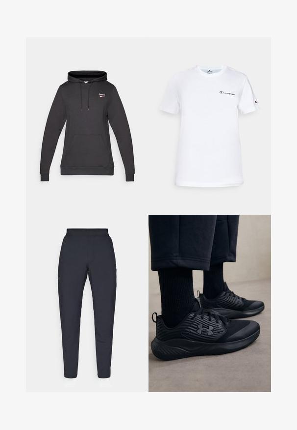 Μαύρη φούτερ φτιαγμένη από μίγμα βαμβακιού, με μπροστινή τσέπη, ρυθμιζόμενη κουκούλα με κορδόνια και μικρό λογότυπο της Reebok στο στήθος.; Λευκό βαμβακερό T-shirt με στρογγυλή λαιμόκοψη, κοντά μανίκια και κεντημένο μαύρο λογότυπο "Champion" στο στήθος και στην προφορά του μανικιού.; Μαύρο αθλητικό παντελόνι με λεία υφή, στενή εφαρμογή, ελαστική μέση και πλαϊνές τσέπες. Διαθέτει ένα μικρό λογότυπο στον αριστερό μηρό.; Άτομο που φορά μαύρα αθλητικά παπούτσια με υφασμάτινες πλευρές και λογότυπο, συνδυασμένα με μαύρες κάλτσες και κοντά παντελόνια σε ανοιχτό δάπεδο.