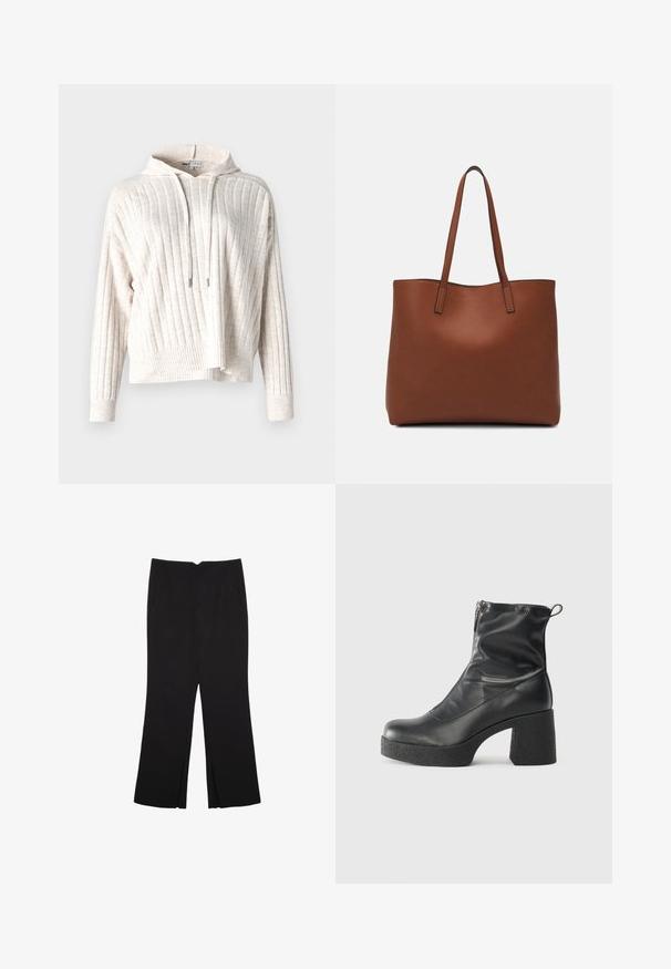 Felpa leggera beige chiaro con texture a costine, dotata di tasca frontale, coulisse regolabile e design leggermentecropped. Tessuto morbido.; Pantaloni neri a gamba dritta, con tasche frontali e spacchi laterali all'orlo. Realizzati in tessuto morbido e liscio. Adatti a diverse occasioni.; Stivali neri alla caviglia in pelle liscia, con zip laterale, tacco spesso e texture, e punta arrotondata.; Borsa tote in pelle marrone con texture liscia, design con apertura superiore e due spallacci. Presenta cuciture minime e nessun hardware visibile.