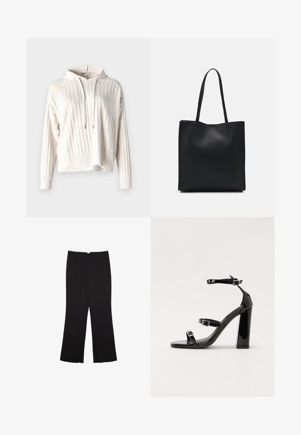 Felpa leggera beige chiaro con texture a costine, dotata di tasca frontale, coulisse regolabile e design leggermentecropped. Tessuto morbido.; Pantaloni neri a gamba dritta, con tasche frontali e spacchi laterali all'orlo. Realizzati in tessuto morbido e liscio. Adatti a diverse occasioni.; Sandali con tacco in vernice nera, con punta squadrata, cinturini alla caviglia e fibbie in argento. Presentano un tacco a blocco spesso per maggiore stabilità.; Borsa tote in pelle nera con texture liscia, forma rettangolare e due manici lunghi. Nessun hardware o decorazione visibile.