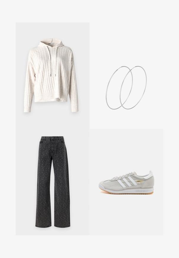 Hellbeige Hoodie mit gerippter Textur, ausgestattet mit einer Fronttasche, verstellbarem Kordelzug und leicht verkürztem Design. Weicher Stoff.; Noisy May NMJANNEL LOOSE - Jeans Relaxed Fit - black denim; Hellgraue Sneaker aus Wildleder und Mesh, mit drei weißen Streifen, runder Zehenpartie und einer Sohle aus Gummi. Goldenes Logo-Detail nahe der Schnürsenkel.; Silberne Creolen mit minimalistischem Design. Rundform, glatte Oberfläche und dünnes Profil. Leichtgewichtig mit hochglänzender Oberfläche.