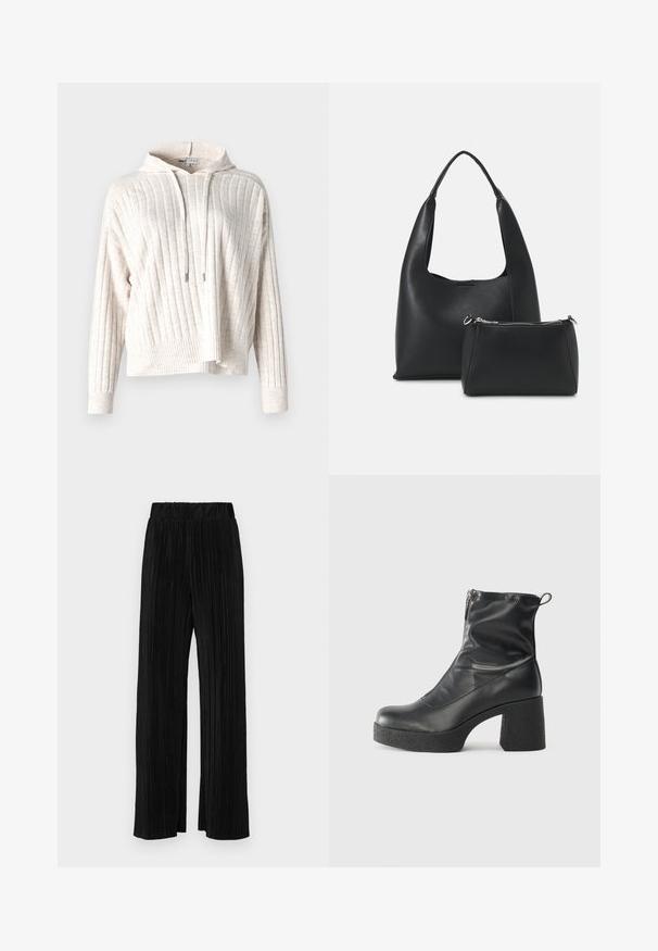 Sudadera color beige claro con textura acanalada, que cuenta con un bolsillo frontal, cordón ajustable y un diseño ligeramente corto. Tela suave.; Pantalones negros de pliegues con una cintura elástica. Presentan piernas anchas y una tela suave y texturada con rayas verticales.; Botines negros de tobillo, hechos de cuero suave, con cierre lateral, tacón grueso texturizado y diseño de punta redondeada.; Even&Odd Bolso de mano - black