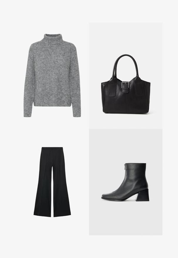 Grijze gebreide trui met een hoge kraag, variërende texturen en een boxy stijl. Heeft lange mouwen en een zoom die op de taille valt.; Zwarte wijde-pijpen broek met een gladde textuur, gekenmerkt door voorplooien en een op maat gemaakte uitstraling. De stof is lichtgewicht en vloeiend.; Zwarte leren enkellaars met vierkante neus, zijrits en blokhak tegen een effen lichte achtergrond.; Zwarte leren tote bag met een gladde textuur, gestructureerde vorm, twee handvatten en een opvallend zilveren sluitingdetail aan de voorkant.