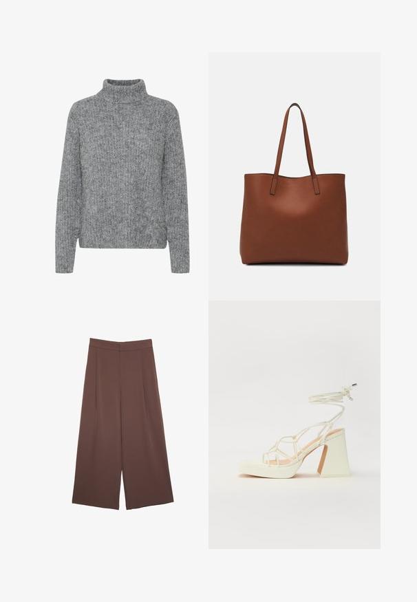 Grau gestrickter Pullover mit hohem Kragen, variierenden Texturen und boxy Form. Verfügt über lange Ärmel und einen Saum, der in der Taille sitzt.; Braune Weite-Leg-Hosen mit einer glatten Textur, hoher Taille und Vorderfalten. Der Stoff ist leicht und fällt locker.; Weiße High-Heel-Sandale mit einem klobigen Absatz, die über ein Riemchendesign und ein Knöchelband verfügt. Glatte Textur mit einer Plattform vorne für zusätzliche Höhe.; Braune Leder-Tote mit glatter Textur, offenem Oberteil und zwei Schulterriemen. Verfügt über minimale Nähte und keine sichtbaren Beschläge.