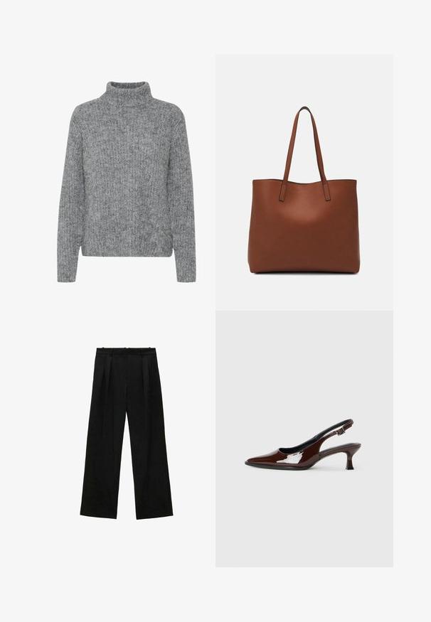 Sivkasta pleteno pulover s visokim ovratnikom, raznolikimi teksturami in kvadratno obliko. Ima dolge rokave in rob, ki se končuje pri pasu.; Črne široke hlače z naborki, ki imajo gladko teksturo in visok pas. Minimalističen slog, brez vidne opreme ali okrasnih elementov.; Rjavi lakirani slingback čevelj z ostro konico in zmerno peto. Ima zaponko za varno prileganje. Gladka tekstura.; Rjava usnjena torba z gladko teksturo, odprto zasnovo zgoraj in dvema naramnima trakovoma. Opremljena je z minimalnim šivanjem in brez vidnih kovinskih delov.