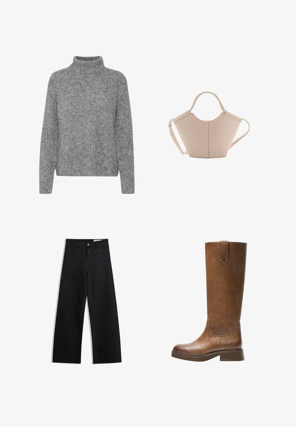 Grau gestrickter Pullover mit hohem Kragen, variierenden Texturen und boxy Form. Verfügt über lange Ärmel und einen Saum, der in der Taille sitzt.; Schwarze weit geschnittene Jeans mit hoher Taille, ausgestattet mit Vorder- und Hintertaschen, gesteppten Nähten und einem Knopfverschluss. Glatte Textur.; Braunes Leder-Knöchelhochstiefel mit abgerundetem Zeh, strukturiertem Obermaterial und niedrigem, gestapeltem Absatz. Verfügt über ein seitliches Einsätzen und eine Ziehschlaufe an der Oberseite.; Beige Lederhandtasche mit einer einzigartigen Form, die zwei kurze Henkel und einen langen verstellbaren Riemen aufweist. Glatte Textur mit minimalen Hardware-Elementen.