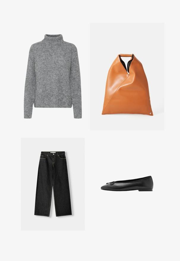 Maglione grigio lavorato a maglia con colletto alto, texture varie e forma squadrata. Presenta maniche lunghe e un orlo che arriva in vita.; Jeans larghi in denim nero con cinque tasche, chiusura con bottone metallico e zip, e cuciture gialle a contrasto lungo le cuciture.; Ballet flats in pelle nera con punta arrotondata, silhouette sottile e un fiocco decorativo sulla parte anteriore. Tacco basso e rettangolare.; Borsa in pelle marrone chiaro con pieghe triangolari, manico superiore e interno nero su uno sfondo bianco puro.