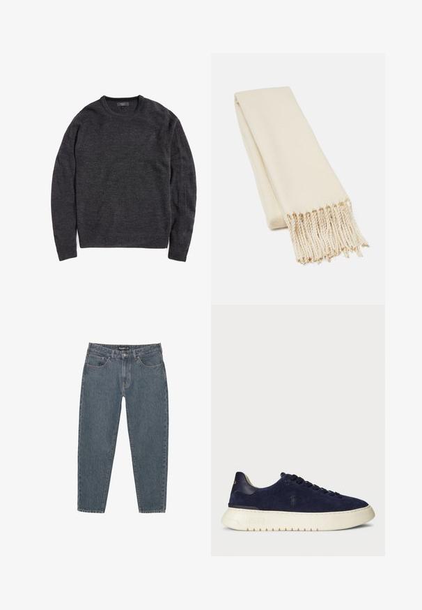 Temno siva pletena jopica s krojem okrog vratu, dolgimi rokavi ter rebrastimi manšetami in koncem. Mehka tekstura, minimalistična zasnova brez vidnih vzorcev ali detajlov.; Temno modri traper hlače z sproščenim krojem, petimi žepi, gumbom za zapiranje in rahlo strganim robom. Trpežen material z rahlo teksturo.; Mornarski semiš nizki športni čevelj z teksturirano površino, gumijastim podplatom in toniranimi vezalkami, z manjšim logotipom na strani in peti.; Bež šal iz mehkega materiala, z gladko teksturo in resastimi konci. Oblika je preprosta in pravokotna.