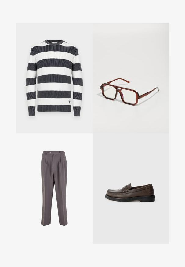 Sweter w paski z grubymi, granatowymi i białymi poziomymi paskami; faktura prążkowana; dekolt typu crew neck; mały trójkątny akcent na dole.; Dwa koszulki z krótkim rękawem, jedna czarna i jedna biała, wykonane z miękkiego materiału bawełnianego o prążkowanej fakturze. Klasyczny krój.; Szare plisowane spodnie wykonane z gładkiego materiału, o prostym kroju nogawki, z pojedynczym zapięciem na guzik oraz skośnymi kieszeniami po bokach.; Brązowe skórzane loafersy z okrągłym noskiem, ozdobnym przeszyciem i płaską czarną podeszwą. Posiadają mały dekoracyjny pasek na podbiciu.; Brązowe, przezroczyste, oversized okulary z prostokątnymi soczewkami i smukłymi ramionami. Kąty lekko zaokrąglone, z widocznymi akcentami w postaci elementów metalowych.; Czarna torba z materiału o fakturowanym, pikowanym wzorze. Owalny kształt, krótkie, grube rączki oraz miękka, elastyczna struktura.