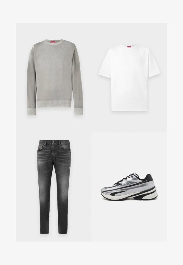 Maglione grigio chiaro con collo rotondo, maniche lunghe, polsini e orlo a coste. Realizzato in materiale morbido dalla texture liscia. Presenta un'etichetta con il marchio ben visibile.; Maglietta bianca in cotone con colletto rotondo e maniche corte. Presenta un logo sottile sul davanti e un'etichetta rossa sul colletto.; Jeans in denim grigio con una vestibilità slim, caratterizzati da leggere pieghe, dettagli scoloriti e una chiusura a bottoni tradizionale.; Scarpa da corsa con tomaia in rete argento, dettagli neri e suola bianca. Presenta un design testurizzato e lacci neri. Leggera e ammortizzata.