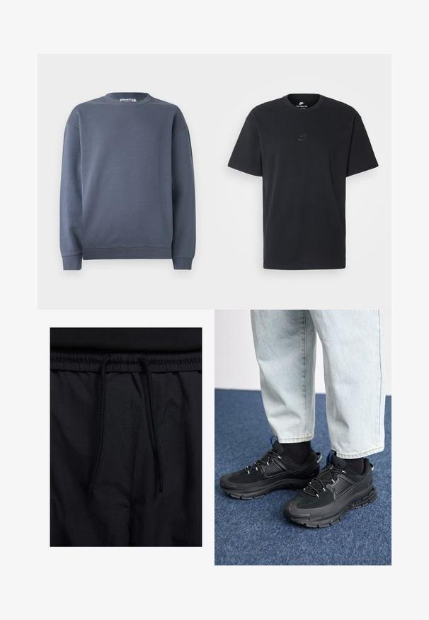 Hanorac gri închis, cu guler rotund, cu mansete ribbate și tiv. Fabricat din material moale din bumbac, cu o textură netedă și un design minimalist.; Tricou din bumbac negru Nike, cu guler rotund clasic, mâneci scurte și un logo subtil embosat pe piept. Textură netedă.; Șorturi negre cu un brâu reglabil, dintr-un material ușor cu o textură netedă și un design simplu, fără logo-uri sau modele vizibile.; Pantofi sport negri, cu țesătură texturată și tălpi din cauciuc, având șireturi elastice și un accent albastru pe toc. Purtați cu pantaloni din denim deschis.