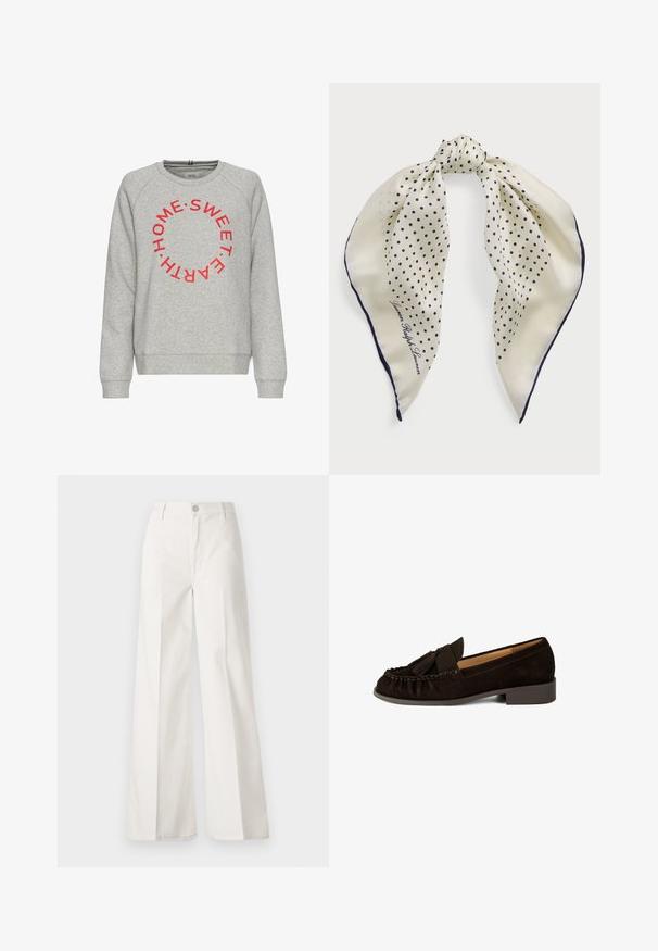 Grijze sweatshirt met een ronde grafische print met "HOME SWEET HOME" in rode tekst. Gemaakt van zachte stof met geribbelde manchetten en onderrand.; Witte wijde-broek gemaakt van katoen met een gladde textuur. Voorzien van een knoop aan de voorkant, ritsopening en vierzakkenontwerp.; Brown suede instappers met een ronde neus, geplooide details en een kleine kwastaccent. Heeft een lage, iets verhoogde hak.; Zijden sjaal met een crèmekleurige achtergrond en marineblauwe stippen, geknoopt in het midden; marineblauwe rand; met de tekst "Lauren Ralph Lauren."