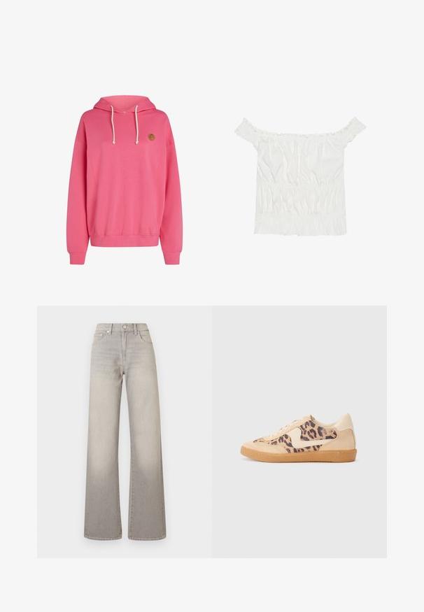 Roze hoodie met een grote voorkantzak, een trekkoordkap, geribbelde manchetten en zoom. Voorzien van een klein rond logo aan de bovenkant van de linkerzijde.; Witte off-shoulder top met gerimpelde accenten, gathering structuur en een elastische tailleband. Gemaakt van zachte katoenen stof.; Grijze wijde jeans met een vervaagde afwerking, knoopsluiting, vijfzakkenontwerp en gestikte details langs de naden.; Luipaardprint sneakers met een beige suède bovenkant, tan rubberen zool en witte accenten. Ronde neus en vetersluiting met een gestructureerde afwerking.