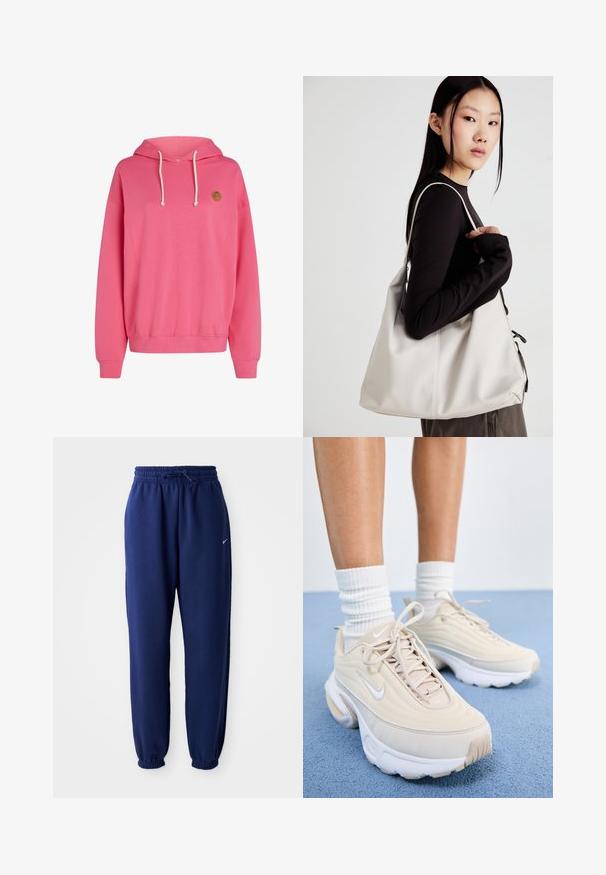 Różowa bluza z kapturem, z dużą kieszenią z przodu, sznurkiem przy kapturze, żebrowanymi mankietami i dołem. Posiada małe okrągłe logo na górnej lewej stronie.; Granatowe dresy wykonane z miękkiego materiału, z elastycznym paskiem w talii z możliwością regulacji, elastycznymi mankietami oraz małym białym logo.; Beżowe buty sportowe z teksturowaną cholewką, białymi sznurowadłami i grubą białą podeszwą. Design charakteryzuje się subtelnymi krzywiznami i małym logo.; Beżowa torebka wykonana z miękkiego materiału, charakteryzująca się luźnym fasonem, wyszywanymi detalami i dwoma uchwytami na ramię. Idealna na co dzień.