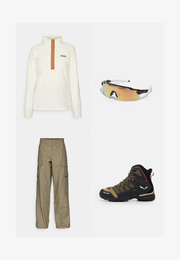Crème fleece pullover met een hoge kraag, voorzien van een bruine knopenlijst en een logo-opdruk. Eenvoudig ontwerp benadrukt comfort en warmte.; Olijfgroene cargobroek van stof, met een losse pasvorm, meerdere zijzakken en een knoopsluiting in de taille. Soepele textuur.; Mid-height wandelschoen in zwart en olijfgroen, met een bovenwerk van mesh, rubberen zool en textuurelementen met een achterste trekriem.; Zonnebril met een zwart-wit frame, grote spiegelglazen in gouden en roze tinten, aerodynamisch ontwerp en een verlengd buitenrand.