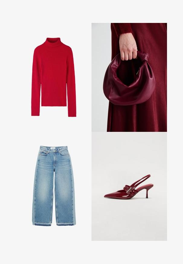 Maglione a collo alto rosso a coste con maniche lunghe, caratterizzato da una vestibilità aderente, texture morbida e design a tinta unita. Senza motivi né dettagli.; Jeans azzurri a gamba larga realizzati in denim, con vita alta, chiusura con bottone, tasche anteriori e orlo grezzo.; Décolleté slingback in vernice rossa con punta affusolata, due cinturini con fibbia e un sottile tacco a stiletto di media altezza. Texture liscia.; Borsa in pelle bordeaux con un design morbido e arricciato e una forma arrotondata. Il manico è fissato, mostrando una texture liscia.