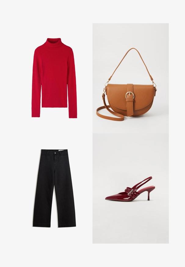 Červený úpletový rolák s dlouhými rukávy, s těsným střihem, jemnou texturou a jednobarevným designem. Bez vzorů nebo akcentů.; Černé denimové kalhoty s volným střihem a vysokým pasem, vybavené předními a zadními kapsami, prošívanými švy a knoflíkovým zapínáním. Hladká textura.; Červené lakované kožené lodičky na podpatku s špičatou špičkou, dvěma přezkami a štíhlým, středně vysokým jehlovým podpatkem. Hladký povrch.; Hnědá kožená křížová taška s zakřiveným tvarem, zlatými detaily a akcentem s přezkou. Obsahuje odnímatelný popruh na rameno.