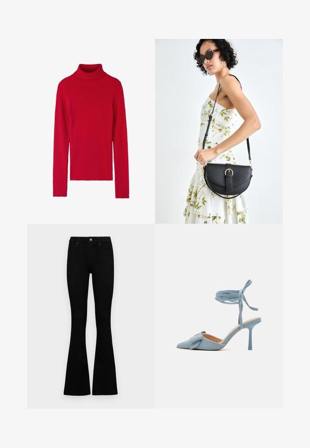Suéter de cuello alto acanalado rojo con mangas largas, que presenta un ajuste ceñido, una textura suave y un diseño de color sólido. Sin patrones ni acentos.; Jeans negros de cintura alta con cierre de botón y cremallera, bolsillos frontales y piernas acampanadas, dispuestos sobre un fondo blanco.; Zapato de tacón alto de punta afilada en tela azul claro con un acabado texturizado, que presenta un lazo decorativo y una correa en el tobillo para un ajuste seguro.; Bolso de piel negra con forma curva, correa desmontable y herrajes dorados. El bolso cuenta con una solapa con un detalle de hebilla.