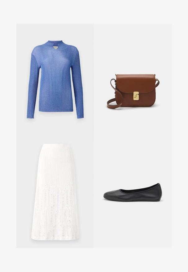 Kék bordázott kötött pulóver magas nyakkal és hosszú ujjal. Textúrázott felülettel és enyhe fénylőséggel rendelkezik, így testhezálló sziluettet kínál.; Fehér kötött midi szoknya, amelynek textúrája függőleges vonalakkal és kivágott részletekkel díszített az alján. Rugalmas derékpánt. Puha anyag.; Fekete bőr balettcipő lekerekített orral, sima tekstúrával, minimális varrással és rugalmas talp kialakítással.; Barna bőr kézitáska, hajtókás zárással, arany színű fém kiegészítőkkel, vállpánttal és sima felülettel. Kompakt téglalap alakú.