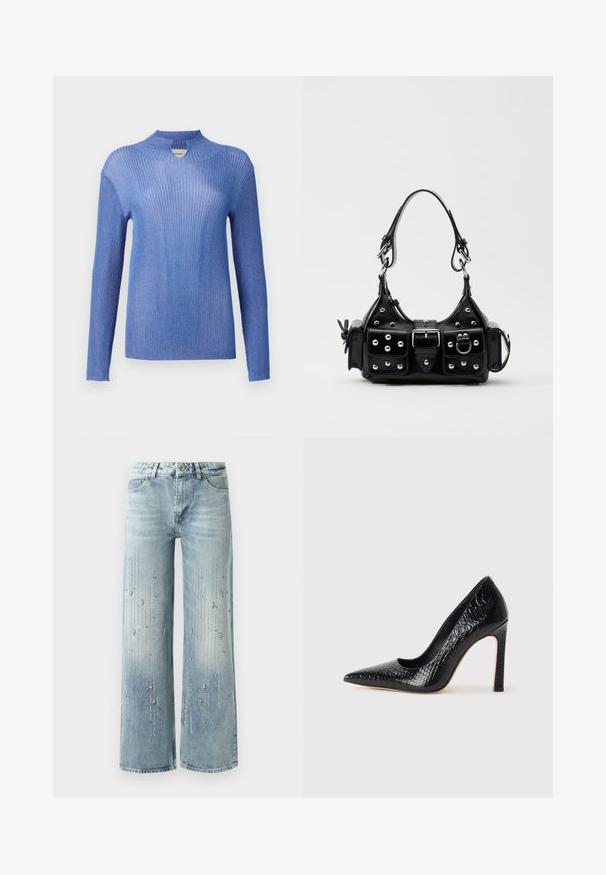 Blau gestreifter Strickpullover mit hohem Kragen und langen Ärmeln. Verfügt über eine strukturierte Oberfläche und einen leichten Schimmer, der eine taillierte Silhouette bietet.; Hellblaue weite Jeans aus Denim, ausgestattet mit einem Farbverlaufseffekt und Verzierungen aus silbernen Strasssteinen in vertikalem Muster.; Schwarzer, spitz zulaufender High Heel mit Krokodilleder-Struktur, elegantem Design, hohem Stiletto-Absatz und glattem schwarzen Innenraum.; Schwarze Lederhandtasche mit einem geschwungenen Design, verziert mit silbernen Nieten, einer Schnalle und zwei seitlichen Taschen. Verstellbarer Träger für verschiedene Tragemöglichkeiten.