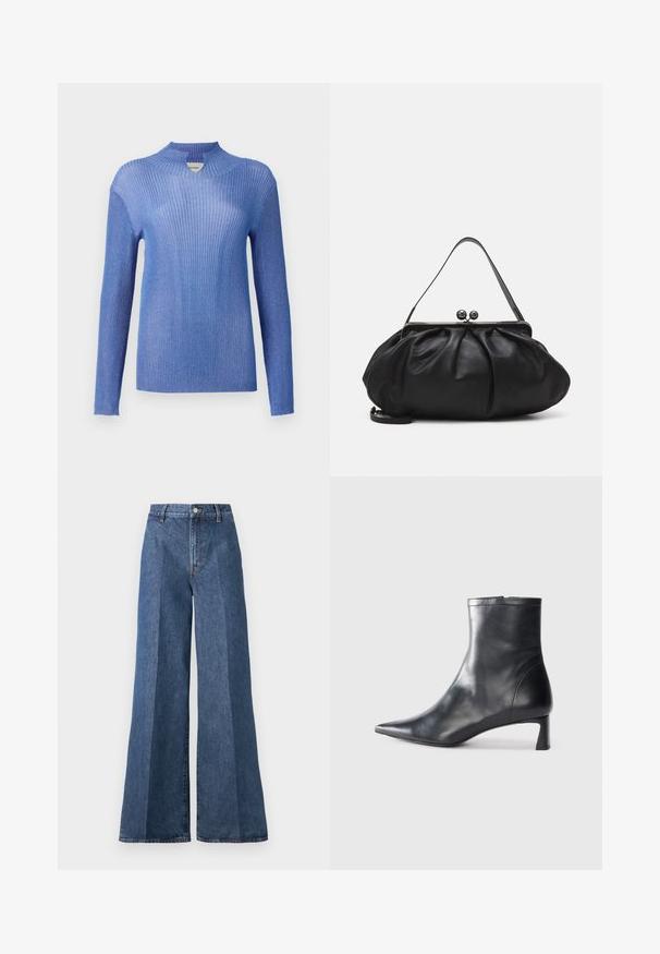 Zils ribots džemperis ar augstu apkakli un garām piedurknēm. Tam ir teksturēta virsma un neliels mirdzums, kas nodrošina pieguļošu siluetu.; Platām kājām zili denim džinsi ar augstu jostasvietu, ar klasisko piecu kabatu dizainu un pogu aizdari, izgatavoti no teksturēta kokvilnas auduma.; Melnas ādas potītes zābaki ar norādītu pirkstu un elegantu dizainu. Iezīmē zemu papēdi un rāvējslēdzēja aizdari aizmugurē. Gluda tekstūra.; Melna ādas rokassoma ar noapaļotu, krokotu dizainu. Iezīmes metāla aizdare ar diviem dekoratīviem lodīšiem un plānu, noņemamu siksnu.