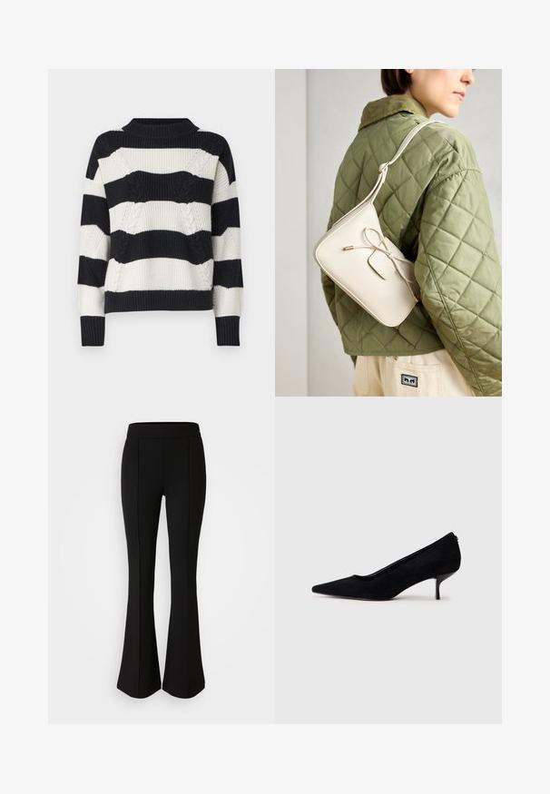 Guess SERENA taupe; Czarne spodnie dzwony z elastycznego materiału o gładkiej strukturze, z detalami szwów z przodu dla dodatkowego stylu.; Czarny zamszowy but na wysokim obcasie z wydłużonym noskiem i smukłym, niskim obcasem. Gładka tekstura z eleganckim wzornictwem, bez widocznych elementów metalowych.; Beżowa skórzana torebka na ramię z kokardką, złotymi detalami i pojedynczym regulowanym paskiem, noszona na zielonej pikowanej kurtce.