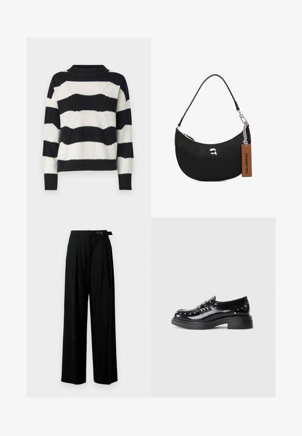 Guess SERENA - Strickpullover - cream/black; Schwarze weit geschnittene Hosen mit hoher Taille, Falten an der Vorderseite und einem Gürtel mit Schnalle. Hergestellt aus glattem, leichtem Stoff.; Schwarze Lackleder-Loafer mit dekorativen silbernen Nieten, runder Zehenpartie, niedrigem Blockabsatz und glatter, glänzender Textur.; Schwarze Lederhandtasche mit einer genarbten Textur, geschwungener Form, Reißverschluss oben, silberner Hardware und einem braunen Etikett. Verfügt über ein Logo-Detail.