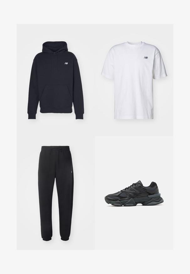 Svart hettegenser laget av bomullsblanding, med kengurulomme, snor i hetta og en liten brodert logo på brystet.; Hvit kortermet T-skjorte med rund hals og liten svart New Balance-logo på venstre bryst mot en ensfarget bakgrunn.; Sorte joggebukser laget av mykt materiale med elastisk midje, snor og smale mansjetter, med en diskret logo på siden.; Svart løpesko med en blanding av mesh og syntetiske materialer, chunky såle, buet design og fremtredende merkevare på siden.