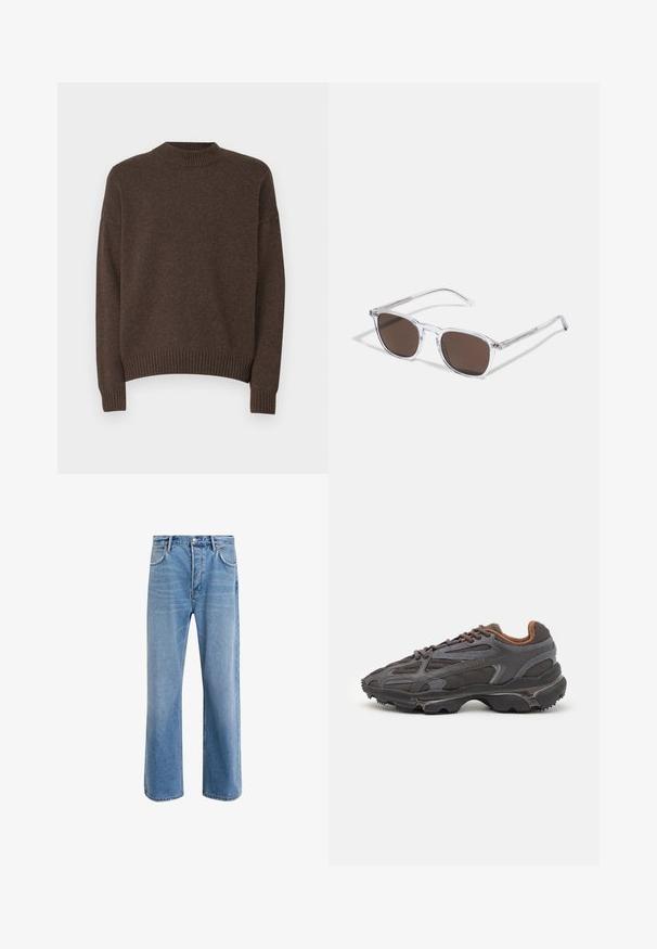 Libertine-Libertine TOPANGA - Džemperis - tobacco; Šviesiai mėlyni džinsai su tiesiu kirpimu, penkios kišenės, mygtuko užsegimas, minimalus blukimas ir kontrastingi siuvimo detalės.; Lacoste sportbačiai tamsiai pilki, pagaminti iš tinklinės ir sintetinių medžiagų, su tekstūruotu padu ir rudomis detalėmis ant apykaklės bei prekės ženklo.; Skaidrūs plastikiniai saulės akiniai su stačiakampiais rudos spalvos lęšiais, pasižymintys plonais, skaidriais šonais ir metaliniais akcentais ant rėmo.