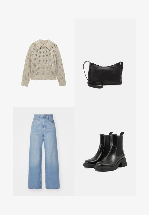 Hellbeige gestrickter Pullover mit großem Kragen, offenem Strickmuster, gerippten Bündchen und einem Bund, mit einer strukturierten Oberfläche.; Hellblaue High-Waist-Weite-Leg-Jeans mit Knopf- und Reißverschluss vorne, Vorder- und Rückentaschen, auf weißem Hintergrund.; Schwarze Leder Chelsea-Stiefel mit einem klobigen Absatz, elastischen seitlichen Einsätzen und kontrastierendem weißen Nähten. Strukturierte Oberfläche.; Schwarze Ledertasche für die Schulter mit glatter Textur, geschwungener Form, verstellbarem Tragegurt und Reißverschluss. Minimalistisches Design ohne Verzierungen.