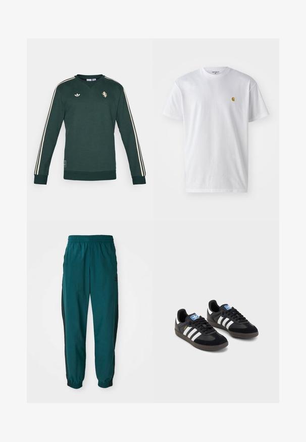 Sweatshirt verde com mangas longas, riscas creme nos ombros, logotipo bordado e tecido texturizado. Apresenta punhos e bainha canelados.; T-shirt branca de algodão com mangas curtas, decote redondo, apresentando um pequeno logótipo dourado na área do peito esquerdo. Textura macia e ajuste regular.; Calças de treino em teal com cintura ajustável por cordão, punhos elásticos e riscas pretas laterais. Fabricadas em tecido leve, apresentam um logótipo perto do quadril.; Sneakers pretos com parte superior em camurça e sintético, apresentando três riscas brancas, sola de borracha texturizada e etiqueta azul no linguete.