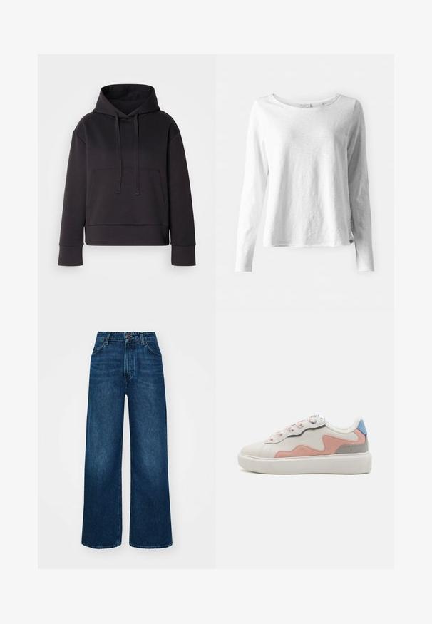 Svart hettegenser laget av myk stoff, med en frontlomme, snorhette og ribbestrikkede manchetter. Cropped design med en avslappet passform.; Langermet hvit T-skjorte i myk, lett stoff; har rund hals og en litt avslappet passform; merket synlig på siden.; Høyt liv, vide jeans i mørk blå denim med en jevn tekstur, kontrastsøm og fem-lommers design. Frontlukkning med knapp.; Lave sneakers med en hvit syntetisk overdel, rosa og grå semsket skinndetaljer, teksturert hvit gummisåle og fargerike snørebånd.