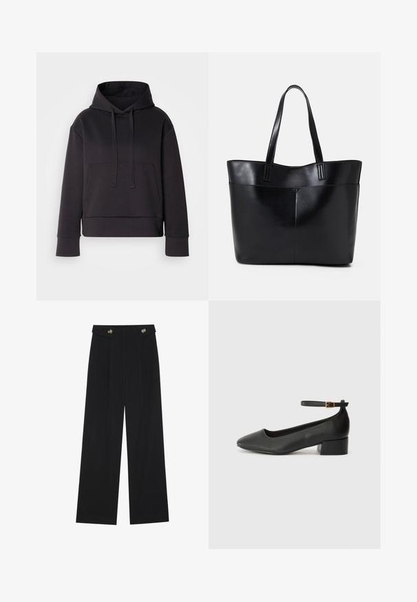 Mustapaitainen huppari, joka on valmistettu pehmeästä kankaasta ja jossa on etutasku, nyörihuppu ja ribbikujanteet. Lyhennetty malli rentoa istuvuutta varten.; Mustat leveälahkeiset housut, joissa on korkea vyötärö, napit vyötärönauhassa ja etupuolella laskokset.; Mustat nahkakengät, joissa on terävä kärki ja matala lohkare korko. Varustettu nilkkahihnalla, jossa on kultasävyinen solki. Lisää sileä pinta.; Musta nahkainen kassi, jossa on kaksi pitkää kahvaa, sileä pinta ja jämäkkä muoto. Sisältää etutaskun lisävarastointia varten.