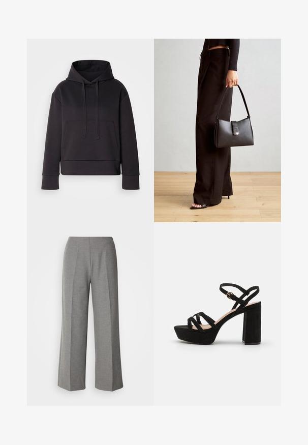 Černá mikina s kapucí vyrobená z měkké látky, s přední kapsou, kapucí se stahovací šňůrkou a žebrovanými manžetami. Zkrácený střih s pohodlným volným pasem.; Šedé kalhoty s širokými nohavicemi, vytvořené na míru, s hladkým povrchem, plochým předním dílem a ostrými záhyby na každé nohavici.; Černé semišové platformové sandály s blokovým podpatkem, vybavené překříženými popruhy a přezkou kolem kotníku pro bezpečné upevnění.; Černá kabelka se strukturovaným tvarem, hladkým povrchem a kovovým uzávěrem. Kombinována s širokými černými kalhotami a sandály s otevřenou špičkou na dřevěné podlaze.