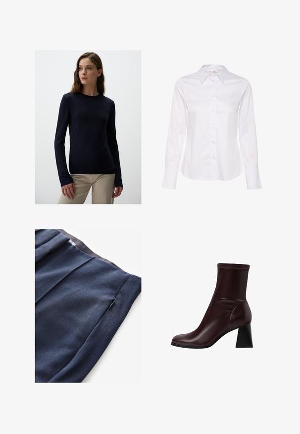 Granatowy sweter z długim rękawem i okrągłym dekoltem, wykonany z miękkiego materiału; ma ściągacze przy rękawach i dopasowany krój.; Biała koszula z długim rękawem, z klasycznym kołnierzykiem, zapinana na guziki z prostym dołem. Wykonana z gładkiego materiału o jednolitym wzorze.; Granatowe spodnie z teksturowanej tkaniny, z boczną kieszenią na zamek błyskawiczny i plisowaną detalizacją w pasie.; Stradivarius - Botki