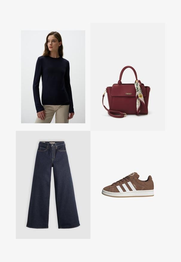 Granatowy sweter z długim rękawem i okrągłym dekoltem, wykonany z miękkiego materiału; ma ściągacze przy rękawach i dopasowany krój.; Szerokie jeansy z denimu w ciemnoniebieskim kolorze z kontrastowymi przeszyciami. Charakteryzują się tradycyjnym pięciopocketowym fasonem oraz zapięciem na guzik w pasie.; Brązowe zamszowe sneakersy z białymi skórzanymi paskami, gumową podeszwą, zaokrąglonym noskiem i sznurowanym przodem. Posiadają logo na języku i perforowane akcenty.; Burgundowa torebka wykonana z materiału syntetycznego, o strukturalnym designie, z odpinanym paskiem i chustą w kwiatowy wzór związaną na uchwycie.