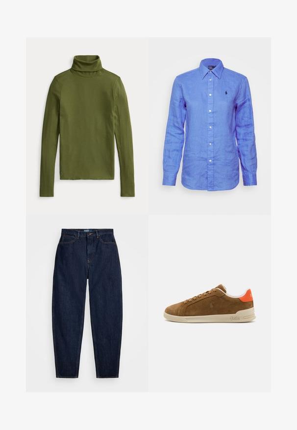 Olíva zöld garbó, bordás textúrával, hosszú ujjakkal és testhez álló fazonnal, az alján egy kis hímzett logóval.; Világoskék len hosszú ujjú ing, gombos stílusban, bal mellen egy kis fekete logóval és fehér gombokkal.; Sötétkék farmernadrág egyenes szabással, narancssárga varrással, elöl gombos záródással és öt zsebbel.; Barna velúr sneakers, krém színű gumitalppal, narancssárga részletekkel a saroknál és egy apró logóval az oldalon.