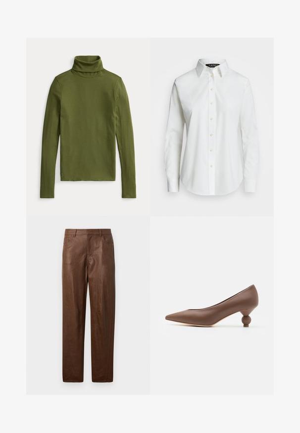 Maslinasto zeleni pulover s rolkragnom od rebrastog materijala, sa dugim rukavima i prilagođenim krojem, s malim vezom logotipa na rubu.; Bijela košulja dugih rukava s dugmadi napravljena od pamuka. Ima klasičan ovratnik, sedam dugmadi i suptilni logotip izvezenn na prsima.; Smeđe kožne hlače s glatkom teksturom, ravnog kroja i dva bočna džepa. Imaju vidljive šavove.; Smeđe kožne salonke s istaknutim vrhom i jedinstvenim zaobljenim potpeticama. Glatka tekstura, elegantan dizajn i minimalistički detalji.