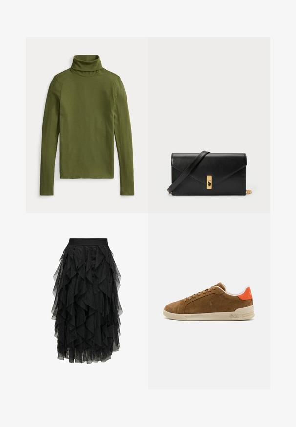 Maslinasto zeleni pulover s rolkragnom od rebrastog materijala, sa dugim rukavima i prilagođenim krojem, s malim vezom logotipa na rubu.; Crna midi suknja od slojeng tulle s volanima. Ima elastičnu struk. Prozirna tkanina dodaje teksturu i pokret.; Smešani smeši tenisice u smeđem nubuku s kremastom gumenom potplatom, s narančastim naglasima na peti i malim logom na boku.; Crna kožna novčanica s preklopom, zlatnim hardverom i akcentom s logom. Uključuje odvojivi remen za nošenje.