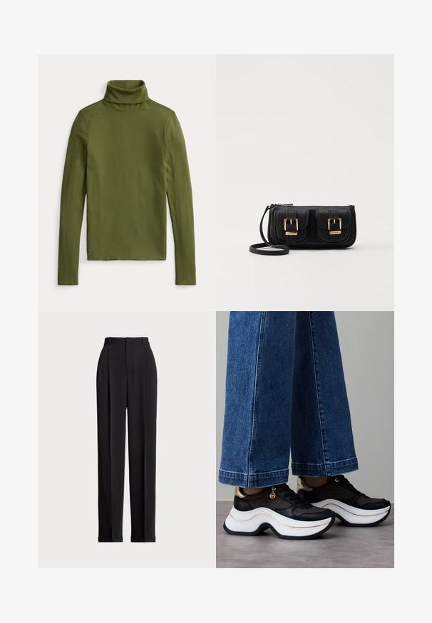 Maslinasto zeleni pulover s rolkragnom od rebrastog materijala, sa dugim rukavima i prilagođenim krojem, s malim vezom logotipa na rubu.; Crne krojene hlače s visokim strukom, s naborima sprijeda, ravnim krojem i običnim rubom. Izrađene od glatkog materijala.; Crne i zlatne tenisice s zakrivljenim bijelim potplatom. Teksturirani materijal s logotipnim detaljima. Uparen s širokim plavim trapericama.; Crna kožna torba preko ramena s dva prednja džepa, zlatnim kopčama, zatvaranjem na zip i uskim remenom. Teksturirana površina i kompaktan pravokutan oblik.