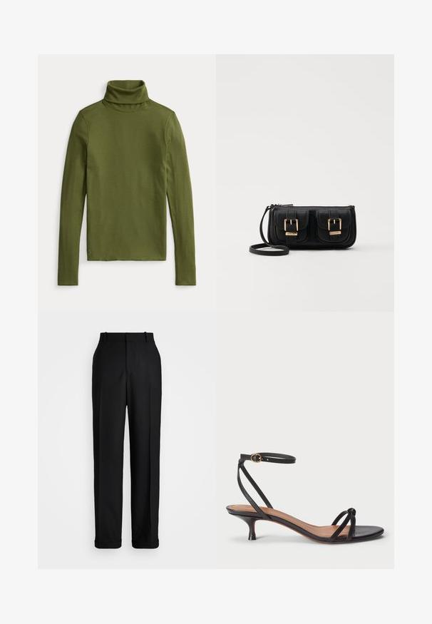 Alyvuogių žalia kaklo megztinis su raukšlėta tekstūra, ilgomis rankovėmis ir prigludusiu dizainu, su mažu siuvinėjimu ant apatinio krašto.; Polo Ralph Lauren HIGH RISE RELAXED STRAIGHT TROUSER - Kelnės - black; Polo Ralph Lauren LEATHER KITTEN-HEEL SANDAL - Klasikiniai aukštakulniai - black; Juodas odinis per petį nešiojamas krepšys su dviem priekiniais kišenėmis, auksiniais sagtimis, užtrauktuko uždarymu ir siauromis petnešomis. Textūruota paviršius ir kompaktiškas stačiakampis formatas.