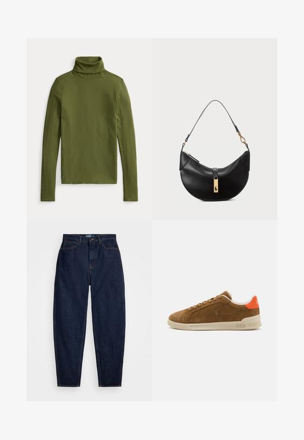 Olíva zöld garbó, bordás textúrával, hosszú ujjakkal és testhez álló fazonnal, az alján egy kis hímzett logóval.; Sötétkék farmernadrág egyenes szabással, narancssárga varrással, elöl gombos záródással és öt zsebbel.; Barna velúr sneakers, krém színű gumitalppal, narancssárga részletekkel a saroknál és egy apró logóval az oldalon.; Fekete bőr kézitáska félhold alakú formában. Aranyszínű fémrészekkel és keskeny pánttal rendelkezik. Simább felület, cipzáras záródás a tetején.