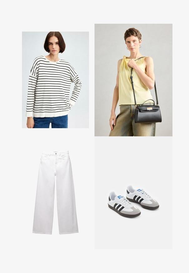 Pull rayé noir et blanc avec un col rond, des manches longues et une coupe décontractée, associé à un jean en denim bleu. Texture légère.; Jean large blanc en denim. Comprend une fermeture à bouton, des poches avant et arrière, et des coutures. Texture lisse avec un minimum de détails.; Baskets avec une tige en cuir blanc, un bout en daim gris et trois bandes noires. Présente un logo bleu sur la languette et une semelle en caoutchouc texturée.; Sac à main en cuir noir avec un design structuré, une poignée supérieure et une bandoulière ajustable. Texture lisse et détail de fermeture en métal doré.