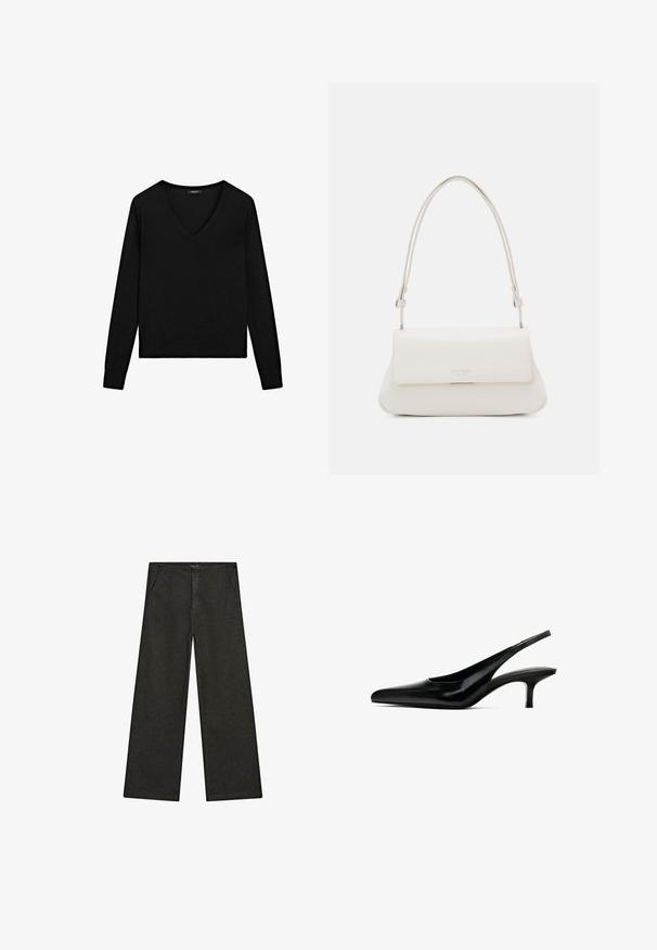 Black long-sleeve sweater with a V-neckline. Made of soft material, featuring a fitted cut and ribbed edges. Simple design, no patterns.; Wide-leg black denim pants featuring a mid-rise waist, two front pockets, and a clean, minimalist design with no visible embellishments.; Black pointed-toe slingback shoe with a glossy leather finish and a thin, low heel. Features a cutout on the side for breathability.; White leather shoulder bag with a folded front flap, curved shape, and adjustable strap. Features subtle logo on the front.