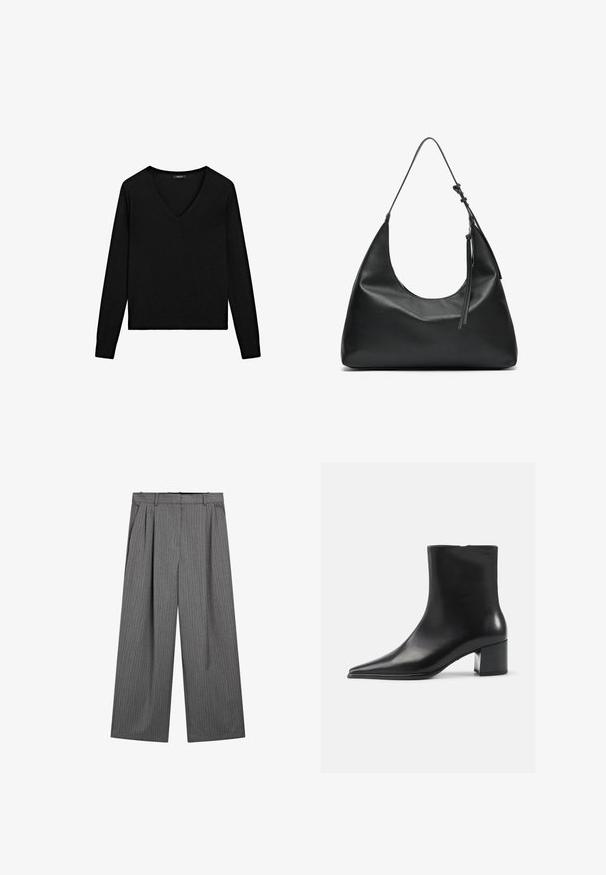 Black long-sleeve sweater with a V-neckline. Made of soft material, featuring a fitted cut and ribbed edges. Simple design, no patterns.; Gray wide-leg trousers with vertical pinstripes, pleated front, and a waistband designed for comfort. Smooth fabric and tailored cut.; Black leather ankle boot with a pointed toe, smooth texture, and a mid-block heel. Minimalist design, zipper closure at the back.; Black leather shoulder bag with a curved shape, smooth texture, and a long adjustable strap. Features a subtle knot detail and minimalistic design.
