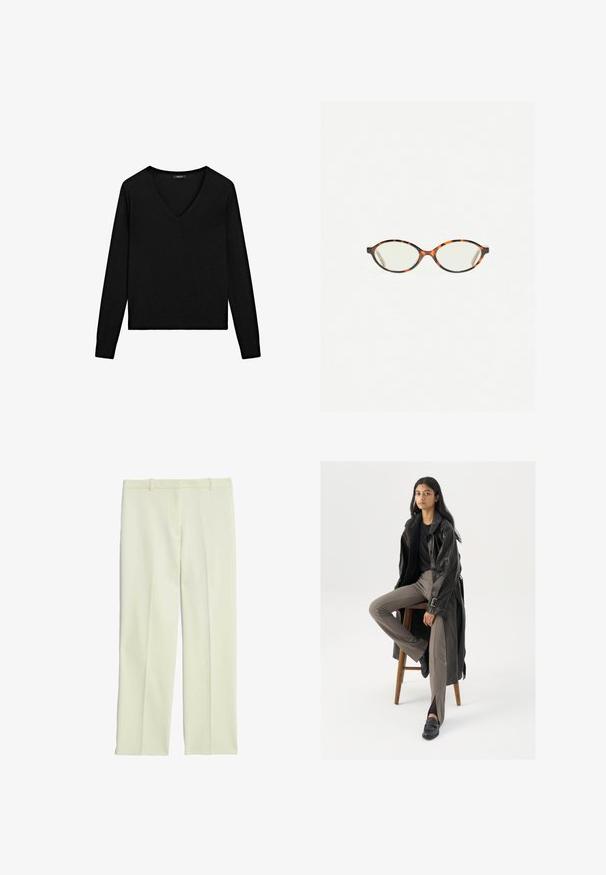 Czarny sweter z długim rękawem i dekoltem w kształcie litery V. Wykonany z miękkiego materiału, o dopasowanym kroju i prążkowanych brzegach. Prosty design, bez wzorów.; Kremowe, dopasowane spodnie o prostym kroju, z płaskim przodem, szlufkami na pasek i gładką teksturą.; Czarny skórzany trencz z guzikami i detalem pasa, w połączeniu z jasnobrązowymi dopasowanymi spodniami i czarnymi loafersami, siedzący na drewnianym stołku.; Okulary w kolorze tortoiseshell z owalnymi soczewkami i gładkim, eleganckim wykończeniem. Posiadają cienkie boki z delikatnym łukiem w okolicy skroni. Przezroczyste soczewki.